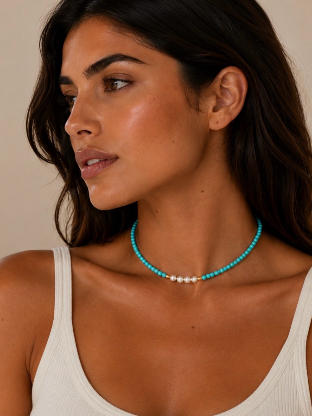 Turquoise Beaded Necklace With Freshwater Pearl and Gold Accents NEW